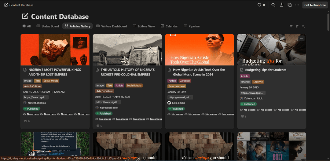 Notion gallery view of editorial article publishing pipeline